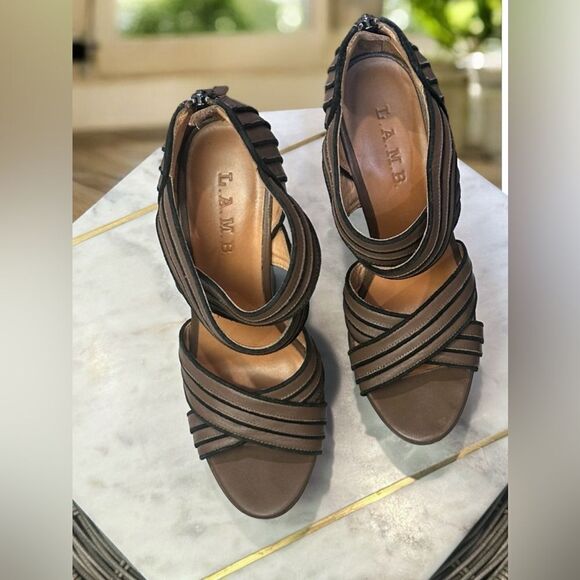 L.A.M.B. Y2K 90s Bernadette Leather Sandals Wedges Heels Size 7.5 - Picture 4 of 15